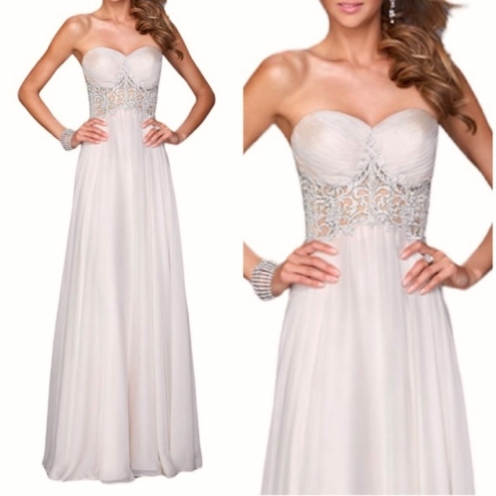 LA FEMME Champagne Embellished Semisheer Strapless Gown NEW Size 6 Dress